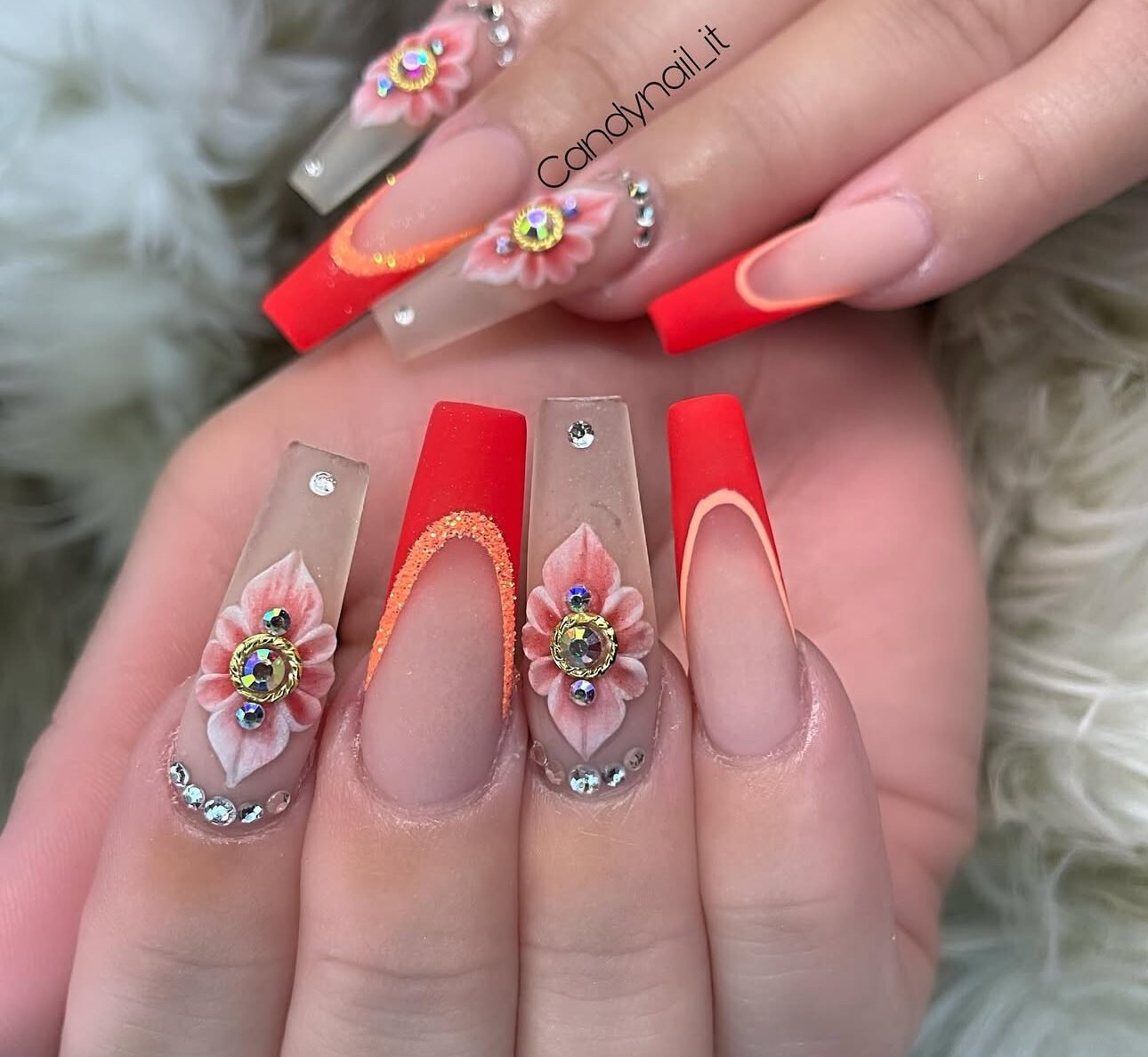 Coral French tips with 3D flowers and crystals
