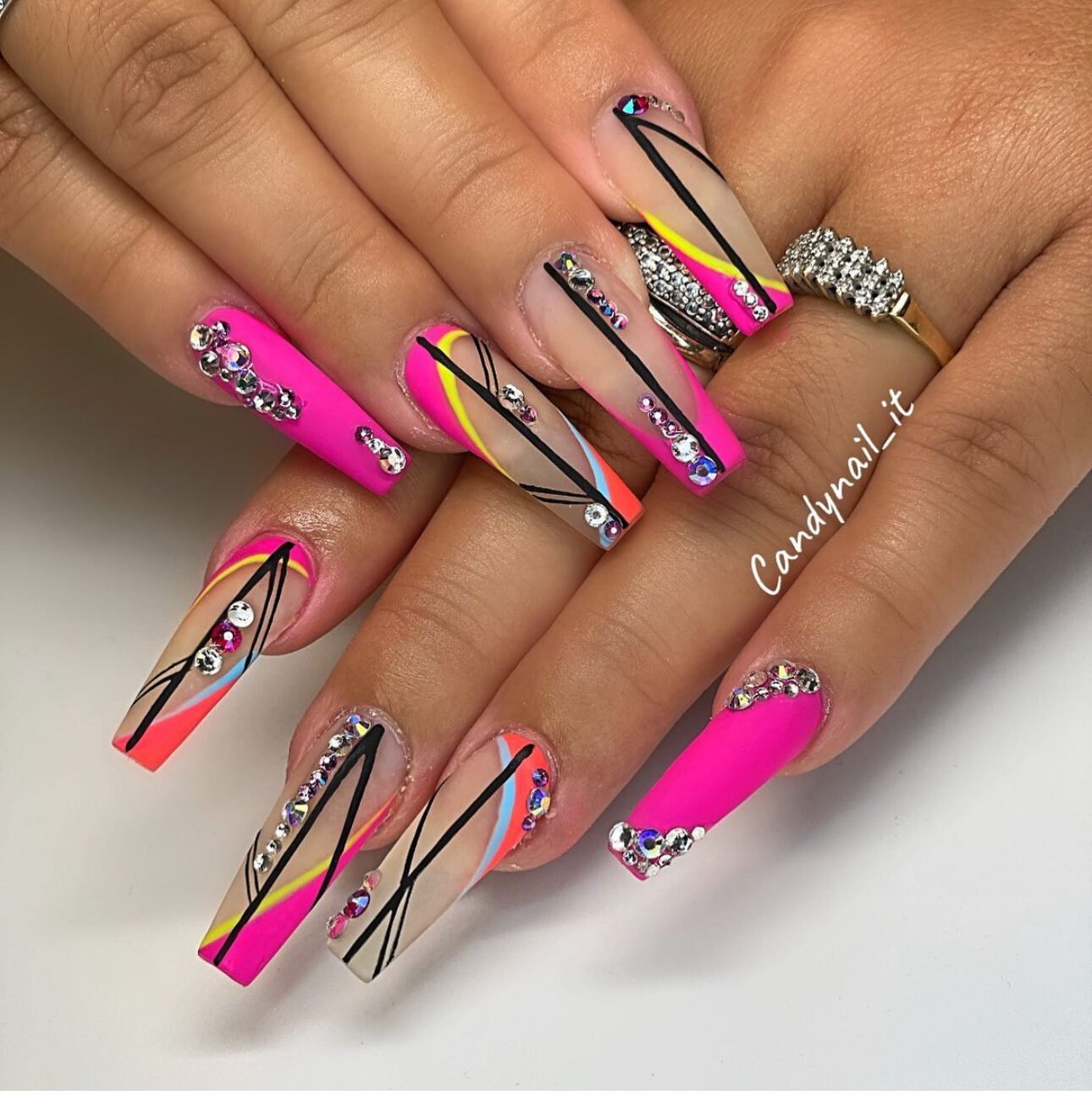 Hot pink coffin set with crystals and line art