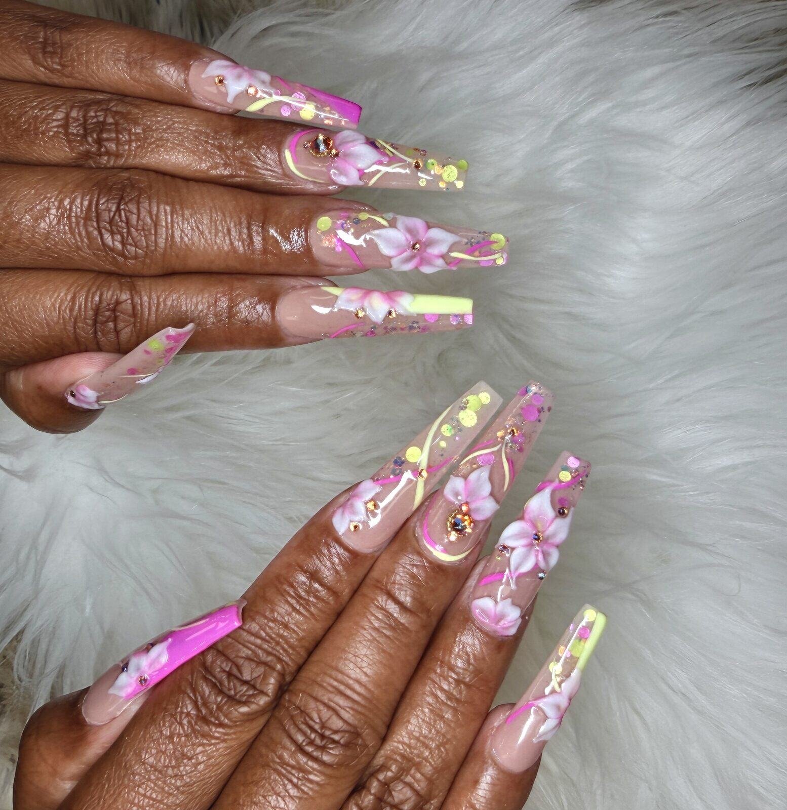 Long coffin set with 3D pink flowers and glitter